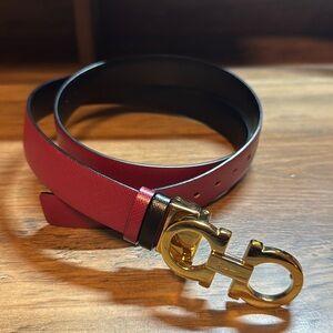 Salvatore Ferragamo Red Belt with Gold Gancini Buckle
